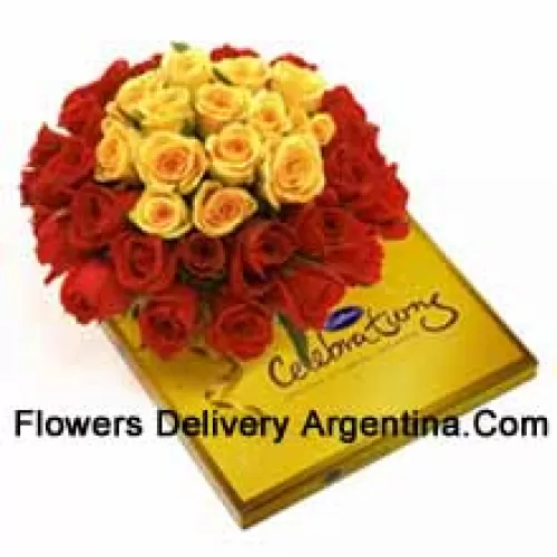Bunch Of 24 Red And 12 Yellow Roses With Seasonal Fillers Along With A Beautiful Box Of Cadbury Chocolates