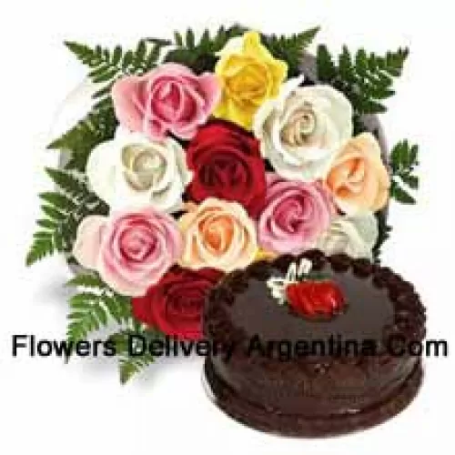 Bunch Of 12 Mixed Roses With Seasonal Fillers Along With 1 Lb. (1/2 Kg) Chocolate Truffle Cake (Please note that cake delivery is only available for Metro Manila Region. Any cake delivery orders outside Metro Manila will be substituted with Chocolate Brownie Cake without cream or the recipient shall be offered a Red Ribbon Voucher enough to buy the same cake)
