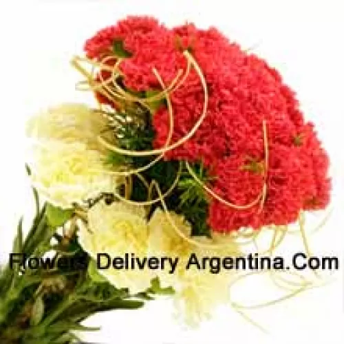 Bunch Of 24 Red And 12 Yellow Carnations With Seasonal Fillers