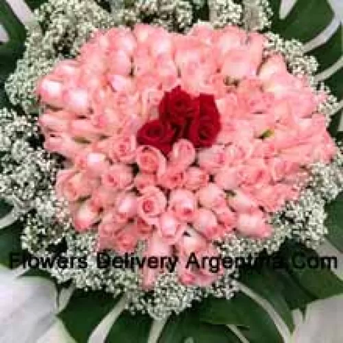 Bunch Of 97 Pink And 3 Red Roses With Seasonal Fillers
