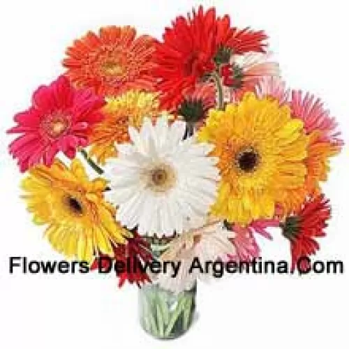 18 Mixed Colored Gerberas With Some Ferns In A Glass Vase