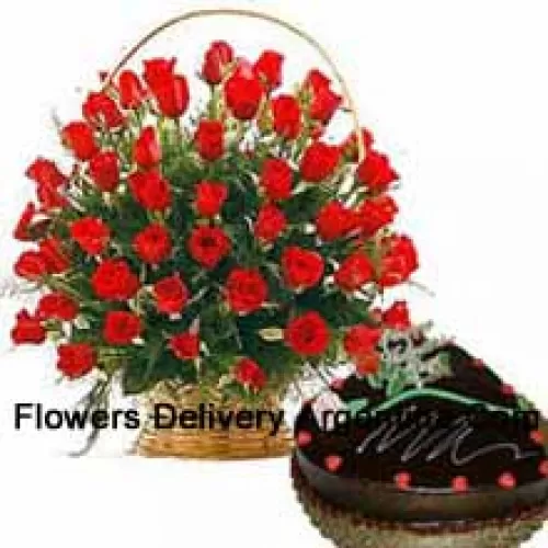 A Basket Of 50 Red Roses With Seasonal Fillers And A 1 Kg (2.2 Lbs) Heart Shaped Chocolate Truffle Cake (Please note that cake delivery is only available for Metro Manila Region. Any cake delivery orders outside Metro Manila will be substituted with Chocolate Brownie Cake without cream or the recipient shall be offered a Red Ribbon Voucher enough to buy the same cake)