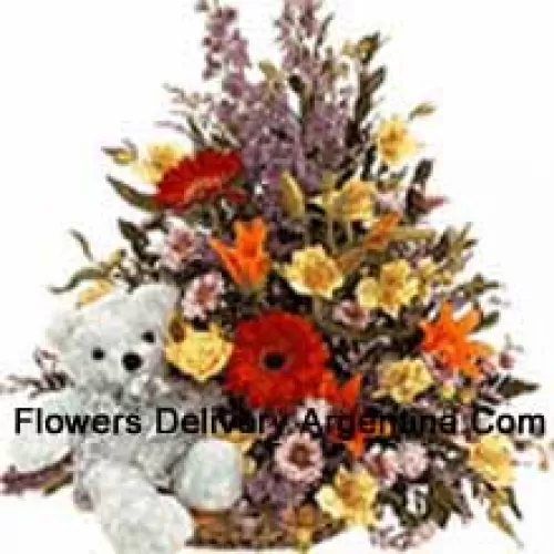 Basket Of Assorted Flowers With A Cute Teddy Bear