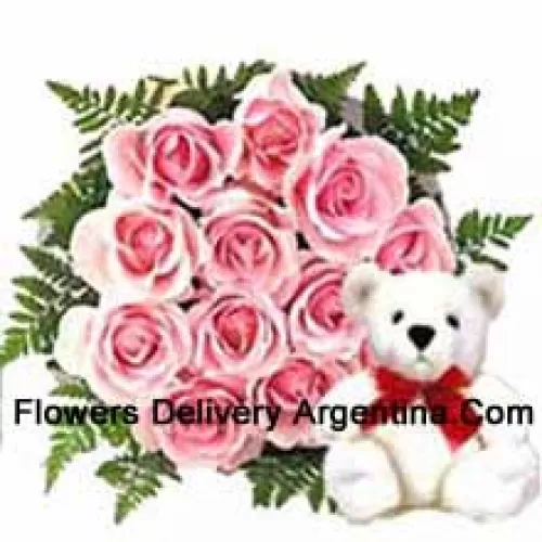 Bunch Of 11 Pink Roses With A Cute Teddy Bear