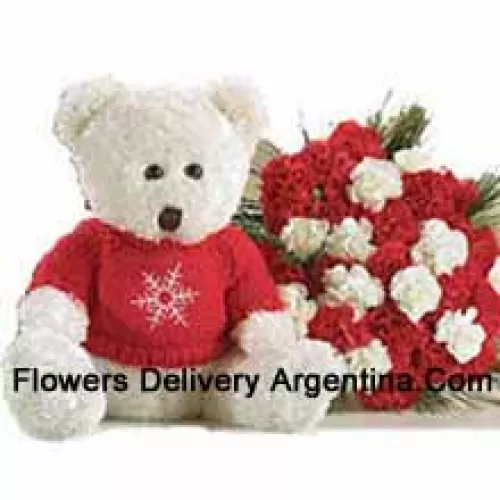 Bouquet de 25 œillets rouges et blancs avec un ours en peluche de taille moyenne mignon