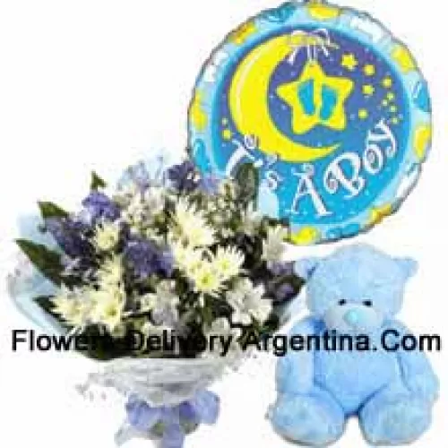 Bouquet de fleurs assorties, un ours en peluche mignon et un ballon pour bébé garçon