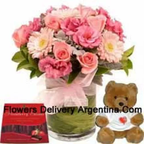 Assorted Flowers In A Vase, A Cute Teddy Bear And A Box Of Chocolate
