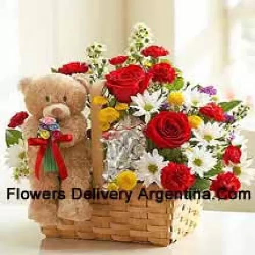 Basket Of Assorted Flowers And A Cute Brown 6 Inches Teddy Bear