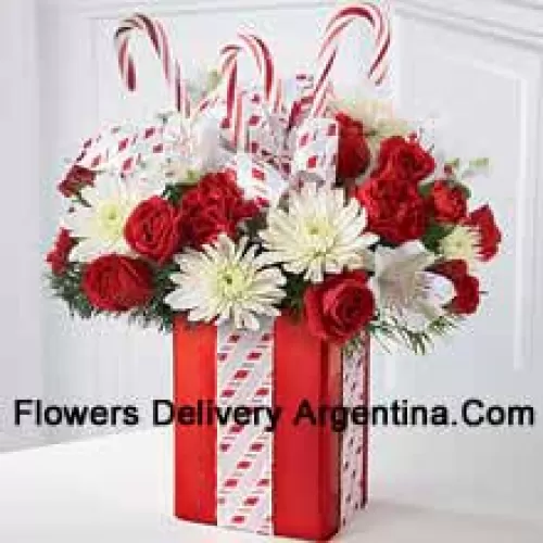 This Bouquet will dazzle them with its whimsical joy and spirited beauty! A gorgeous arrangement of white mums, red carnations and spray roses sit amongst holiday greens in a shiny red vase adorned with candy canes and wrapped to perfection with a beautiful bow, making it look like the finest holiday gift. (Please Note That We Reserve The Right To Substitute Any Product With A Suitable Product Of Equal Value In Case Of Non-Availability Of A Certain Product)