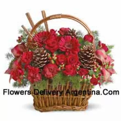 Spice up any winter occasion with this charming basket bouquet of miniature roses, carnations, gerberas, or similar festive blooms, designed in a basket with fresh evergreens, pinecones, and accents. Great for a thank you, Happy Holidays greeting, Christmas wishes, or just because (Please Note That We Reserve The Right To Substitute Any Product With A Suitable Product Of Equal Value In Case Of Non-Availability Of A Certain Product)