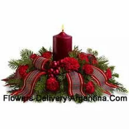 Celebrate a traditional family Christmas with this wonderful holiday centerpiece. Red carnations, fragrant evergreens and shiny ornament balls surround a red pillar candle, and a fancy ribbon adds a special touch! A lovely way to light the holiday table or a pretty sideboard decoration. (Please Note That We Reserve The Right To Substitute Any Product With A Suitable Product Of Equal Value In Case Of Non-Availability Of A Certain Product)