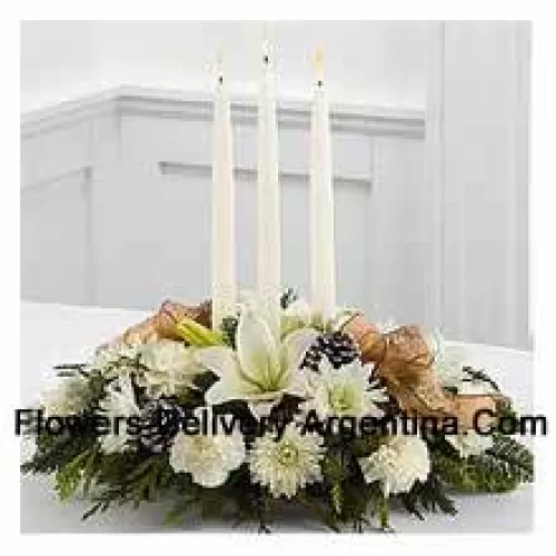 Celebrates the holiday season with winter grace and style. White Asiatic lilies, carnations and chrysanthemums create an exquisite display accented with holiday greens, snow-tipped pinecones and sheer copper ribbon. Surrounding three white taper candles, this holiday centerpiece will add light and love to their seasonal celebration. (Please Note That We Reserve The Right To Substitute Any Product With A Suitable Product Of Equal Value In Case Of Non-Availability Of A Certain Product)