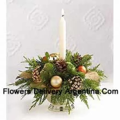 Wish all of those faces at your holiday feast a good night, glowing with seasonal dreams, with this gorgeous centerpiece perfectly accenting your table. A lovely mix of holiday greens are beautifully decorated with pine cones, golden leaves, golden holiday balls and a white taper candle setting the perfect mood and seasonal glow (Please Note That We Reserve The Right To Substitute Any Product With A Suitable Product Of Equal Value In Case Of Non-Availability Of A Certain Product)